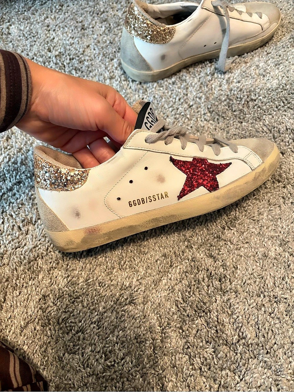 Golden Goose Super-Star Sneakers in White Leather with Red Glitter Star and Gold